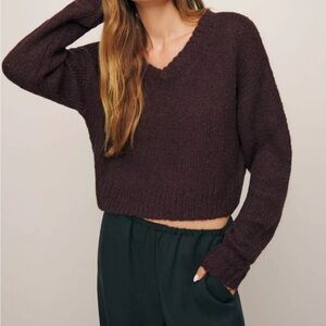 New Reformation Wenda Sweater Alpaca | Wool Cropped Wine Brown Longsleeve Sz S